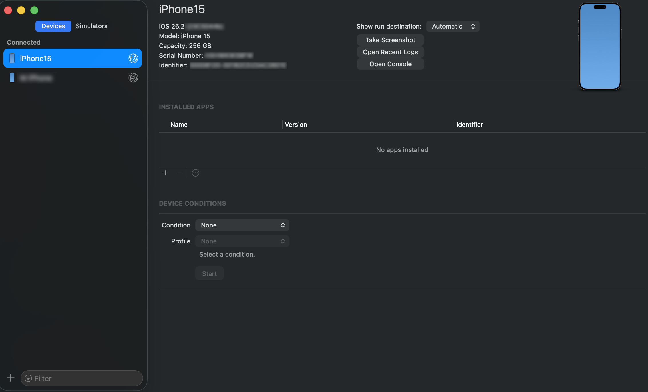 Xcode Device and Simulators window